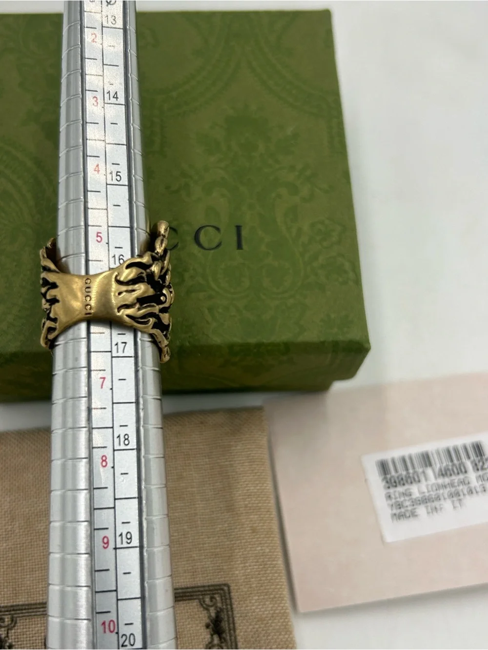 Unisex Gucci, iconic Lionhead ring gold tone brass finish size 6, made Italy